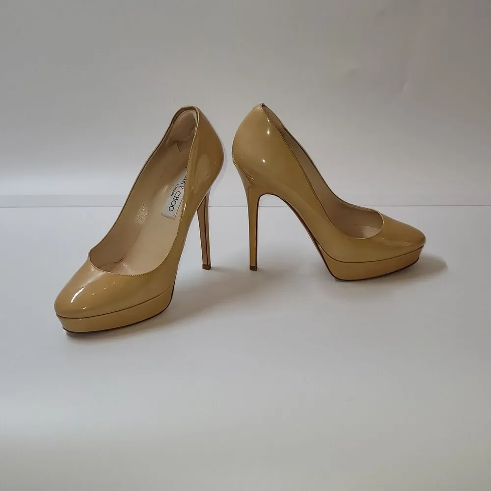 Jimmy Choo Victoria Tan Patent Leather Almond Toe Platform Pumps Women 38/US 8